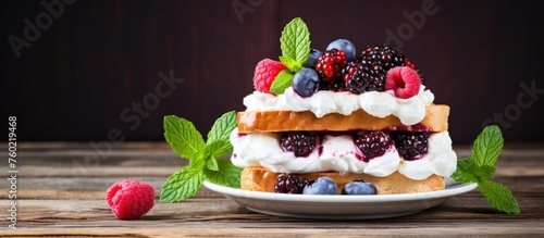 Delicious Dessert Delight: Fresh Berries and Whipped Cream on a Plate