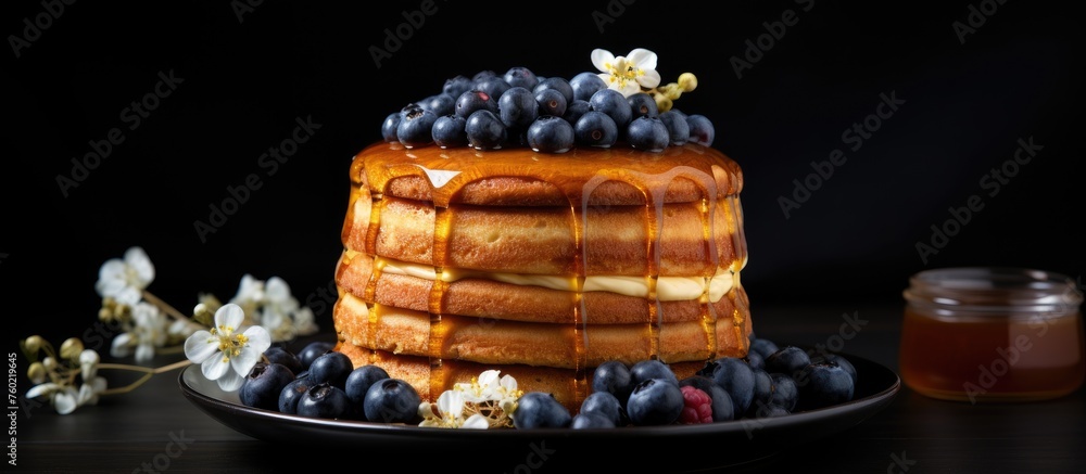 Delicious Homemade Pancakes Topped with Sweet Syrup and Fresh Blueberries Delicious Homemade Pancakes Topped with Sweet Syrup and Fresh Blueberries