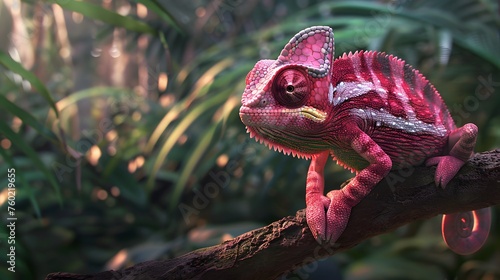 pink chameleon (fictious species) sitting on a branch in a tropical jungle photo