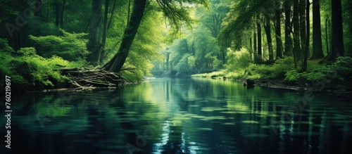 Tranquil River Flowing Through Lush Green Woods Surrounded by Nature's Beauty