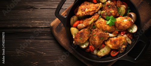 Sizzling Chicken and Vibrant Vegetables Cooking in a Skillet on a Rustic Wooden Table