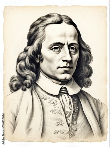 Blaise Pascal hand drawn sketch portrait on plain white background from Generative AI