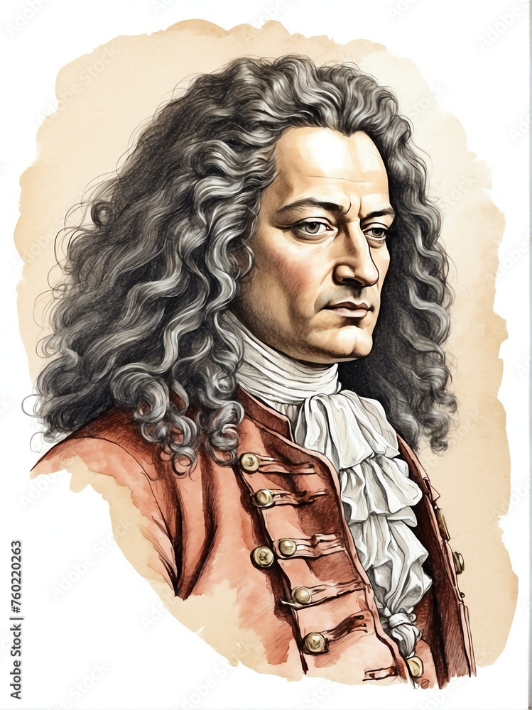 Gottfried Wilhelm Leibniz hand drawn sketch portrait on plain white