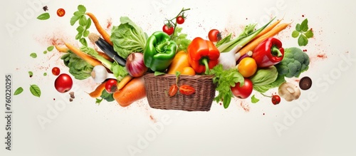 Colorful Fresh Vegetables with Water Droplets Flying in the Air in Whimsical Motion