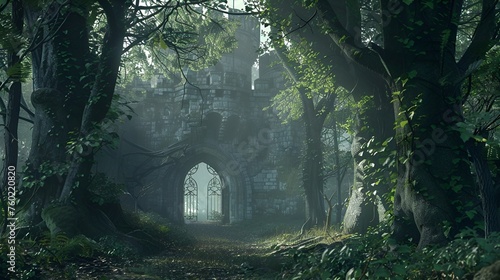 Scenery of an old castle gate in a deep forest