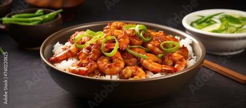 Savory Shrimp and Rice Bowl Served with Freshly Cut Chops on a Rustic Wooden Surface