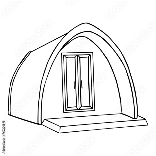 Vector drawing of glamping resorts with bubble, wooden and glass houses, comfortable outdoor recreation. Doodle graphics of a hike in nature, background of mountains and fields, steppes.