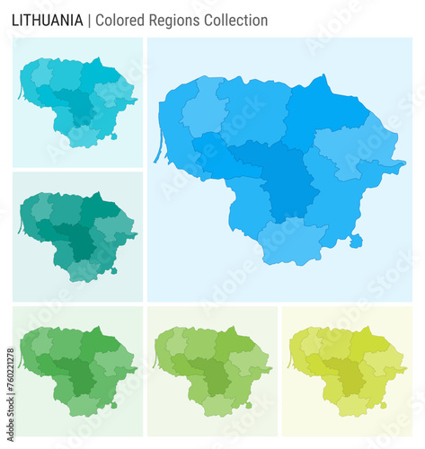 Lithuania map collection. Country shape with colored regions. Light Blue, Cyan, Teal, Green, Light Green, Lime color palettes. Border of Lithuania with provinces for your infographic.