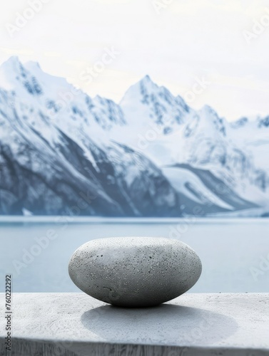 A perfectly smooth round stone stand for the product, with a snowy mountain.
