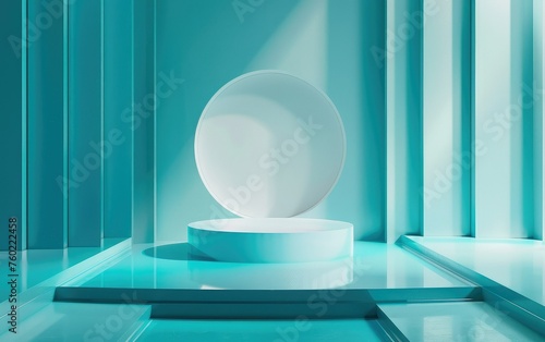 Minimalist stage design style, turquoise and white, a circle placed in the middle, light and shadow, subtle chromatic shading, soft tones.