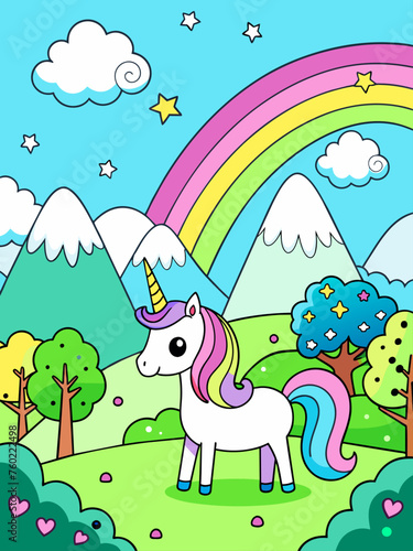 A whimsical unicorn gallops across a vibrant, ethereal landscape adorned with shimmering stars and billowing clouds.