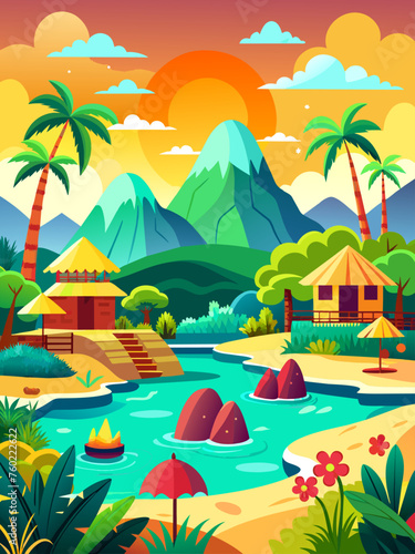 Azure water stretches towards a distant horizon, framed by lush greenery and majestic mountains.