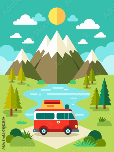 Panoramic landscape featuring a winding road amidst rolling hills and a serene lake