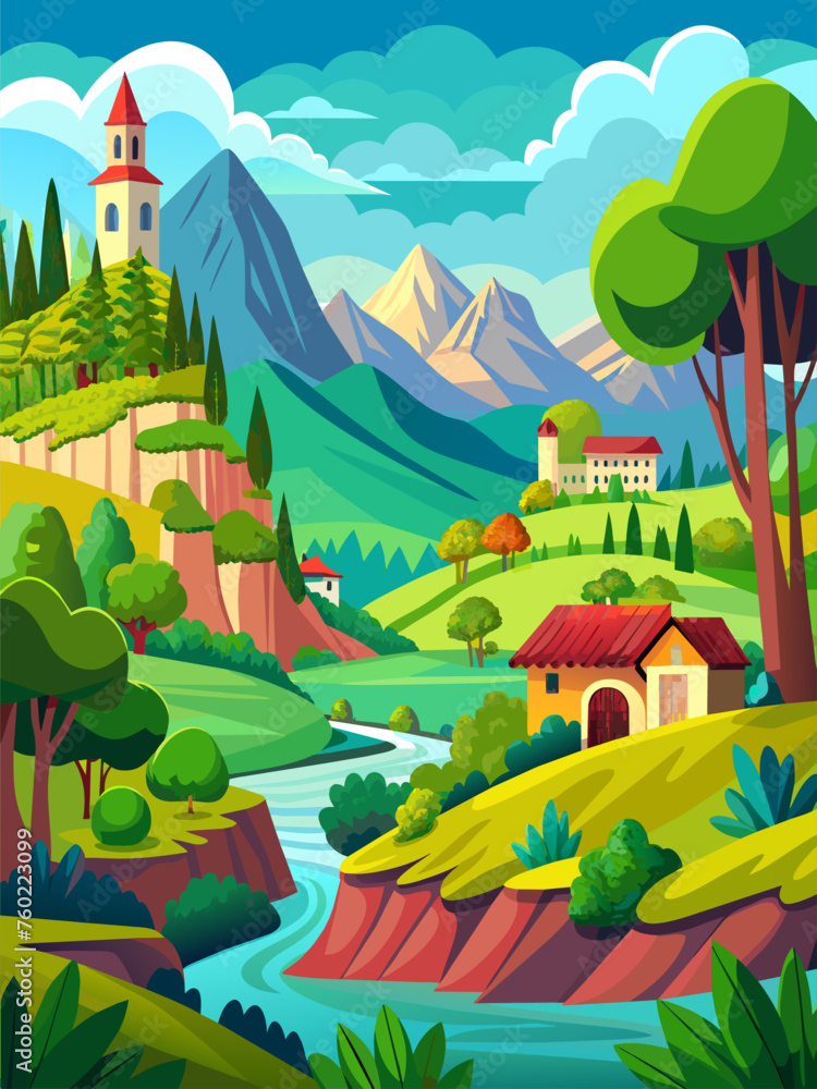 Vector illustration of a scenic landscape with mountains, trees, and a river.