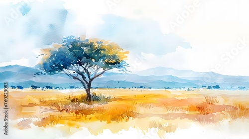 Watercolour illustration of an african landscape of the savanna  artistic modern and simple background 
