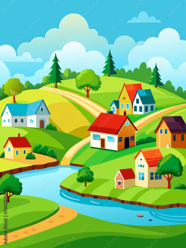 A serene village scene featuring lush greenery, charming houses, and a tranquil river flowing through the center.