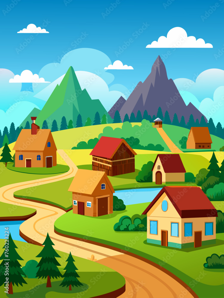 A picturesque vector landscape of a tranquil village nestled amidst rolling hills and lush greenery.