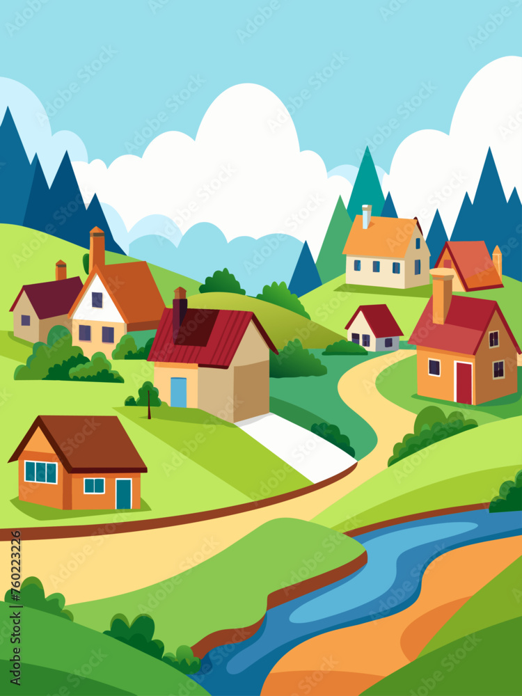 A serene village scene featuring lush greenery, charming houses, and a tranquil river flowing through the center. A serene village scene featuring lush greenery, charming houses, and a tranquil river flowing through the center.