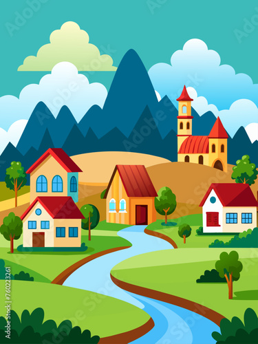 Village vector landscape background depicts a quaint countryside with rolling hills, lush greenery, and traditional houses.
