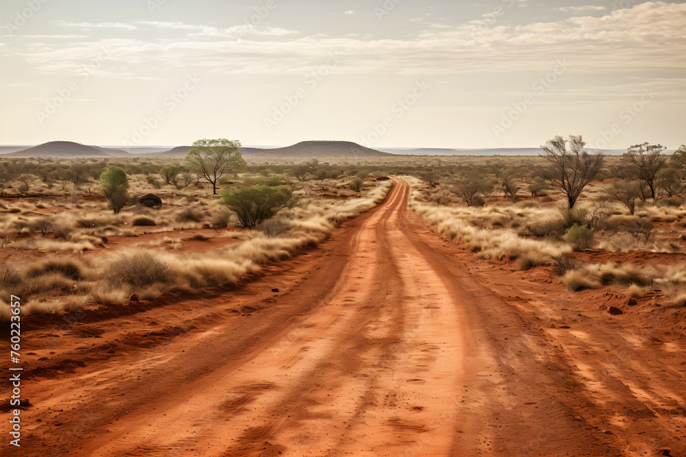 The Enduring Path: A Symbolic Journey along a Dusty Unpaved Road amidst Harsh Arid Landscape