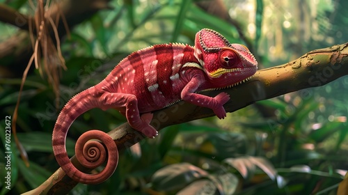 pink chameleon  fictious species  sitting on a branch in a tropical jungle