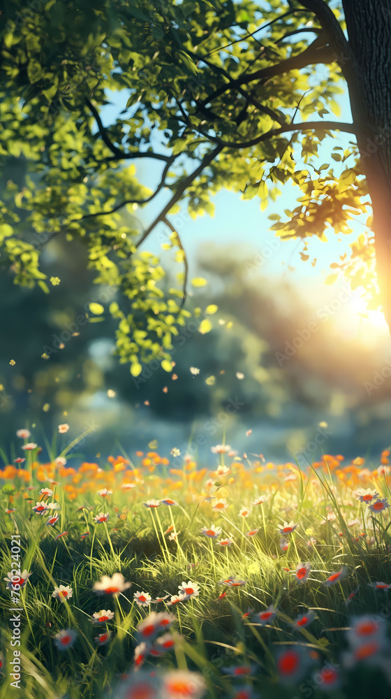 Obraz premium A tree in front of a meadow with a variety of white and orange flowers with lush green leaves is in the background.