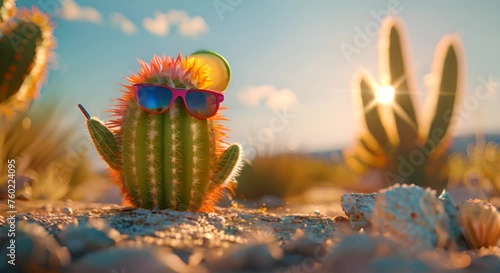 Cactus wearing sunglasses sipping a cold drink in the desert photo