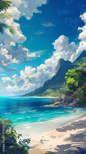 Beautiful digital painting of a tropical island blue with fluffy white clouds. The ocean is a deep blue and crystal clear. The beach is white sand with palm trees and lush green vegetation.