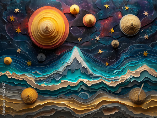 8 planets and many stars cut out of paper, the universe,8k