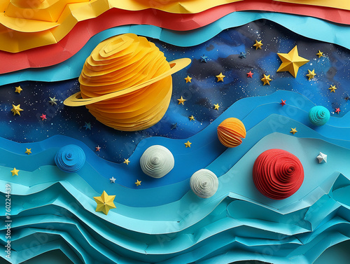 8 planets and many stars cut out of paper, the universe,8k