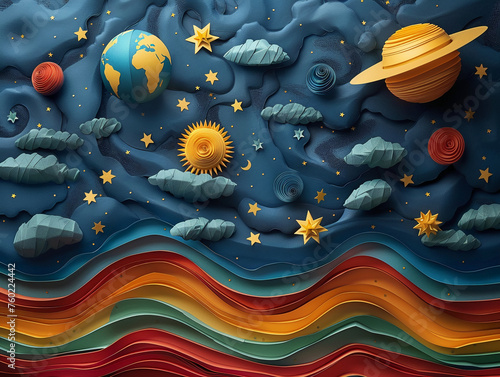 8 planets and many stars cut out of paper, the universe,8k