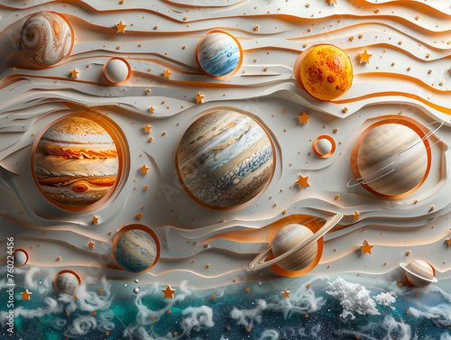 8 planets and many stars cut out of paper, the universe,8k