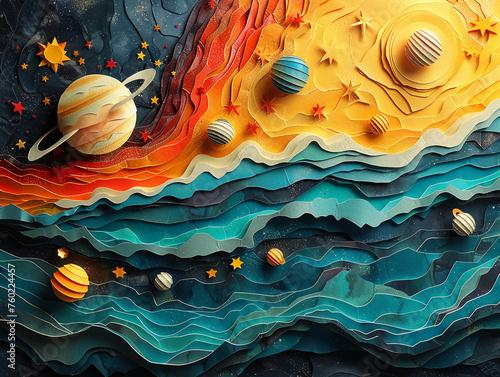 8 planets and many stars cut out of paper, the universe,8k