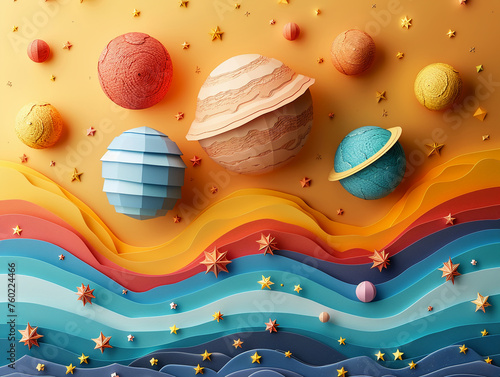 8 planets and many stars cut out of paper, the universe,8k