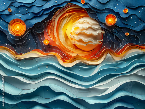 8 planets and many stars cut out of paper, the universe,8k