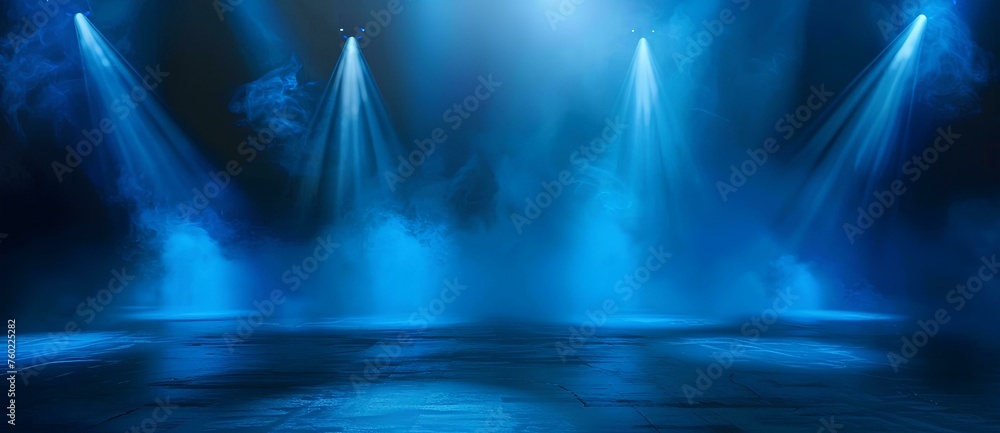 Luxury Blue stage with spotlights, smoke . Stage background backdrop 