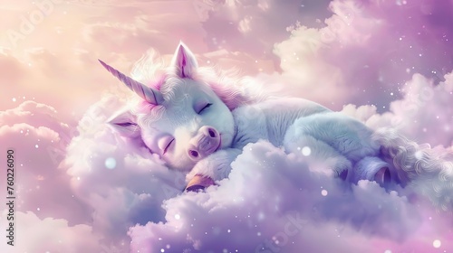 Adorable baby unicorn sleeping on fluffy cloud, dreamy pastel fantasy, children's digital painting photo