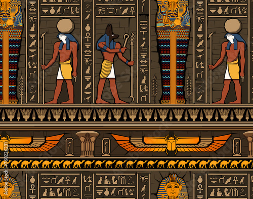 Ancient egypt background. Egyptian hieroglyph and symbolAncient culture sing and symbol.Anubis. Ra. Tutankamon photo