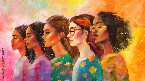 Colorful Illustration of Diverse Women Celebrating Unity and Empowerment, International Women's Day Concept, Hand-Drawn Digital Painting
