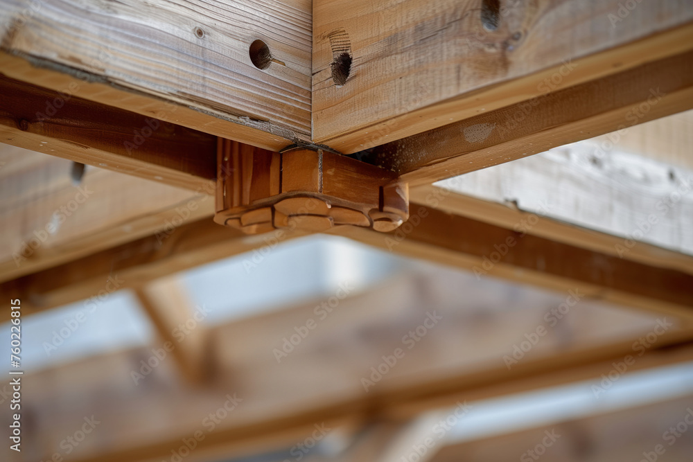 During the construction of a wooden building, an interior view of wood beams and truss rafters supports wood beam frames. Generative AI