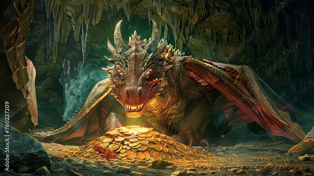 Fierce dragon guarding a treasure hoard in a dark cave, fantasy digital ...