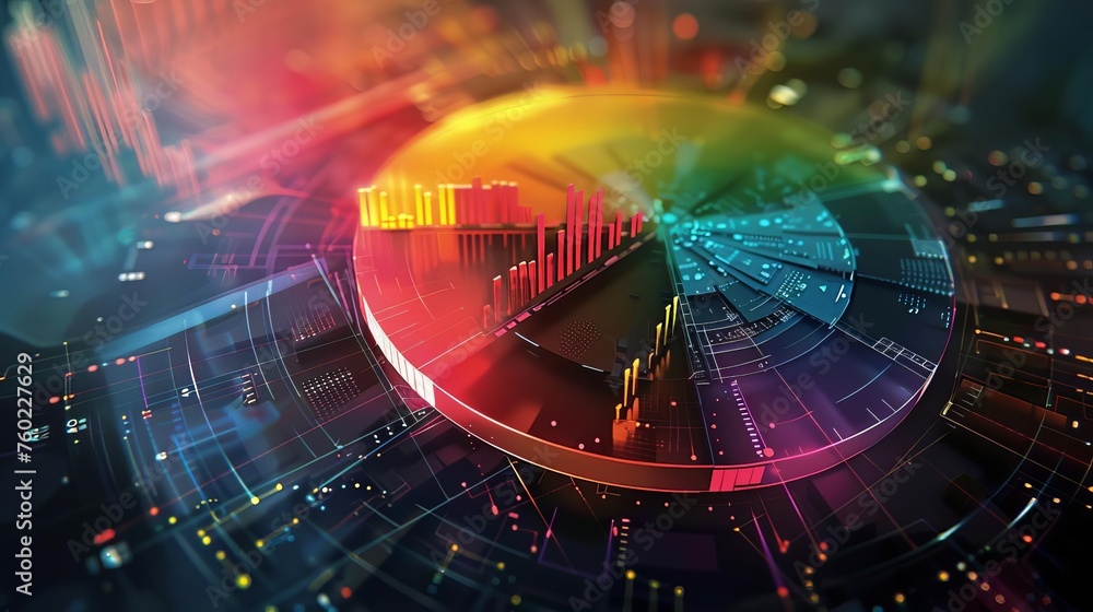 Fototapeta premium Futuristic Pie Chart Depicting Income, Expenses, and Savings Breakdown, Interconnected Financial Planning, Abstract Digital Illustration