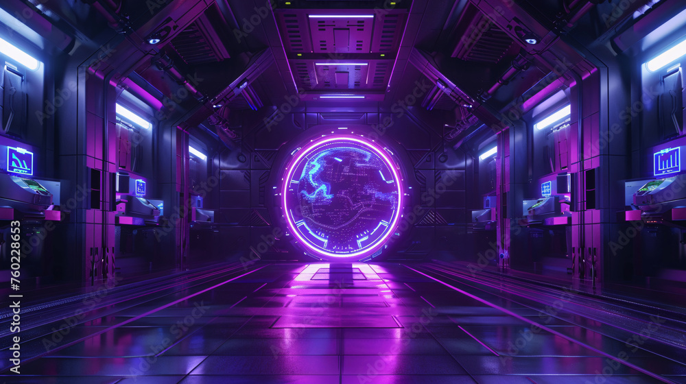Fototapeta premium 3D rendering of sci-fi stretch background with geometric tunnel and neon lines, 3d rendering concept illustration
