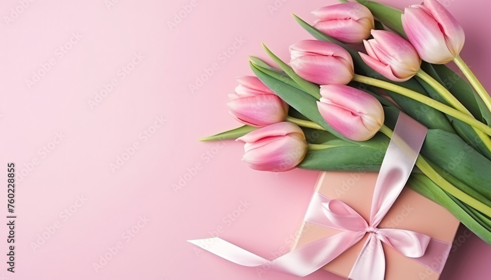 Tulips and gift boxes on white background top view, Valentine's Day thanksgiving concept illustration