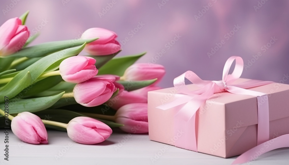 Fototapeta premium Tulips and gift boxes on white background top view, Valentine's Day thanksgiving concept illustration