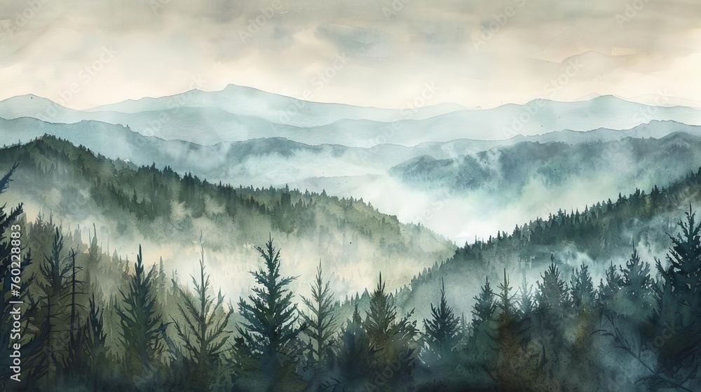 Panoramic view of misty forest hills in Smoky Mountains National Park, atmospheric watercolor painting
