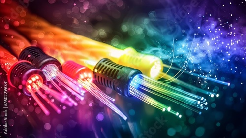 Vibrant colored electric cables and optical fibers glowing with intense light  symbolizing new business trends