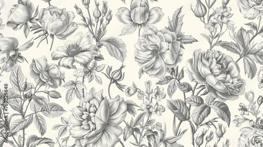 Vintage Floral Pattern with Delicate Roses, Peonies, and Lilies, Antique Botanical Illustration Style, Monochromatic Engraving Artwork