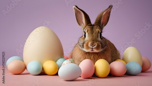 Brown rabbit among several decorated easter eggs
