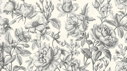 Vintage Floral Pattern with Delicate Roses, Peonies, and Lilies, Antique Botanical Illustration Style, Monochromatic Engraving Artwork